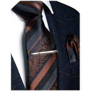Men's Floral Necktie and Pocket Square Tie Clip Sets for Men Brown